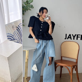 Doll Round Neck Puff Sleeve Tops