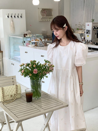 Bow Embroidered Puff Sleeve Dress