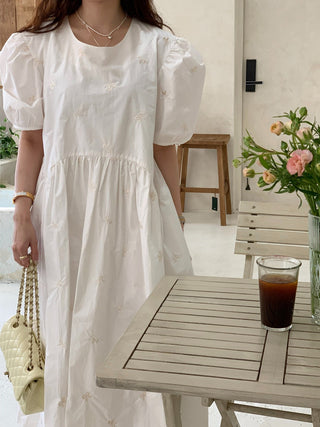 Bow Embroidered Puff Sleeve Dress