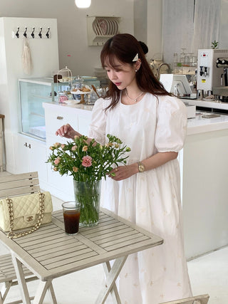 Bow Embroidered Puff Sleeve Dress