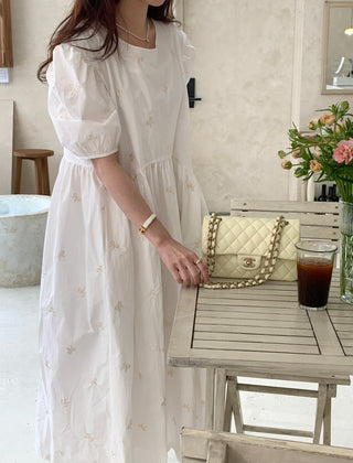 Bow Embroidered Puff Sleeve Dress