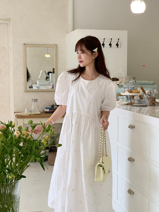 Bow Embroidered Puff Sleeve Dress