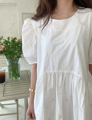 Bow Embroidered Puff Sleeve Dress