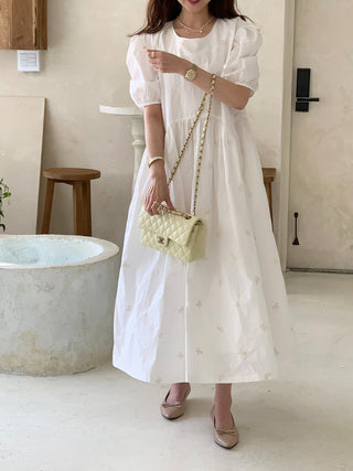 Bow Embroidered Puff Sleeve Dress