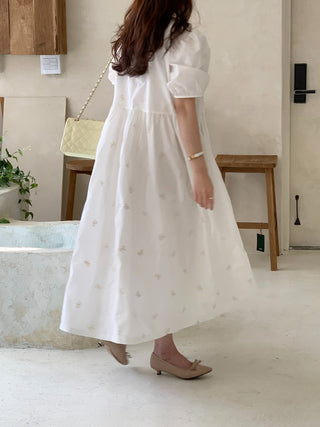 Bow Embroidered Puff Sleeve Dress