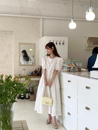 Bow Embroidered Puff Sleeve Dress