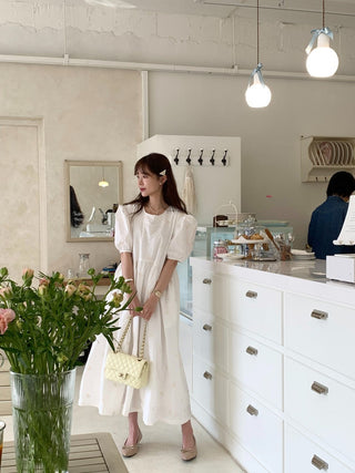 Bow Embroidered Puff Sleeve Dress
