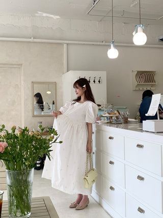 Bow Embroidered Puff Sleeve Dress