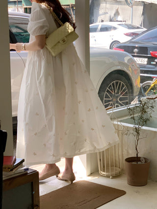 Bow Embroidered Puff Sleeve Dress