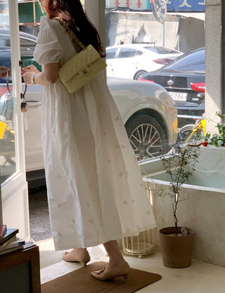 Bow Embroidered Puff Sleeve Dress