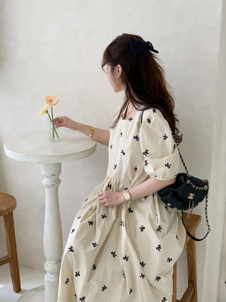 Bow Embroidered Puff Sleeve Dress
