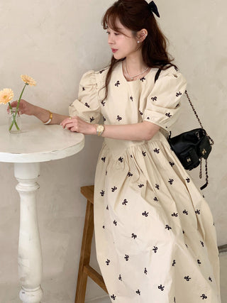 Bow Embroidered Puff Sleeve Dress