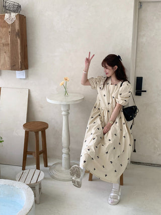 Bow Embroidered Puff Sleeve Dress