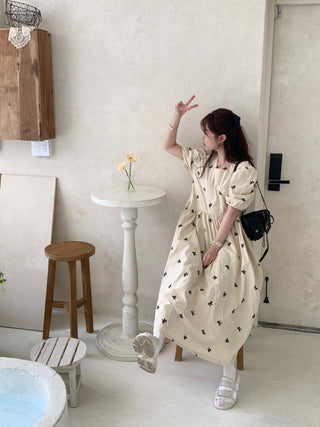 Bow Embroidered Puff Sleeve Dress