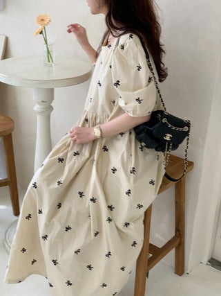 Bow Embroidered Puff Sleeve Dress