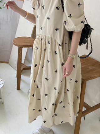 Bow Embroidered Puff Sleeve Dress