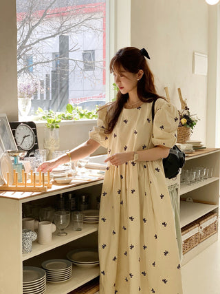 Bow Embroidered Puff Sleeve Dress