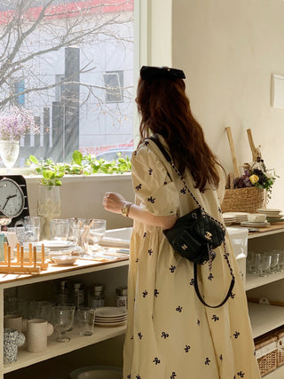 Bow Embroidered Puff Sleeve Dress