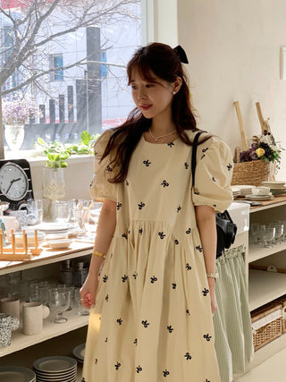 Bow Embroidered Puff Sleeve Dress