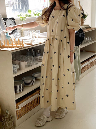 Bow Embroidered Puff Sleeve Dress