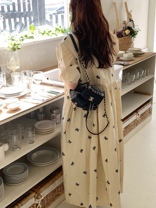 Bow Embroidered Puff Sleeve Dress