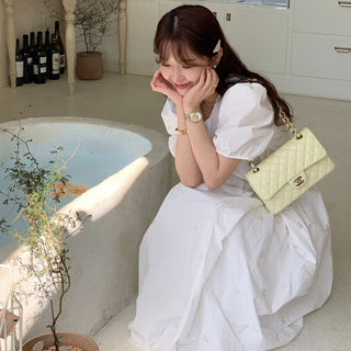 Bow Embroidered Puff Sleeve Dress