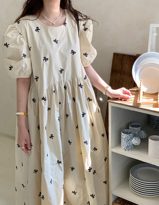 Bow Embroidered Puff Sleeve Dress