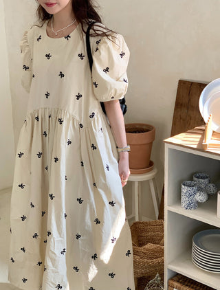 Bow Embroidered Puff Sleeve Dress