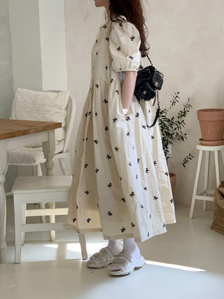Bow Embroidered Puff Sleeve Dress