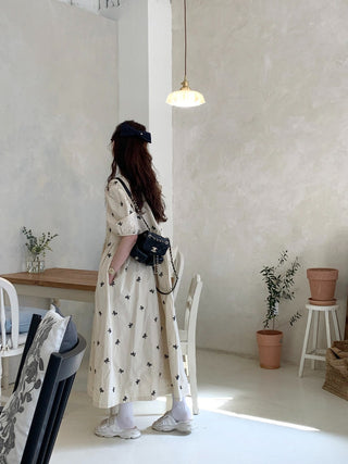 Bow Embroidered Puff Sleeve Dress