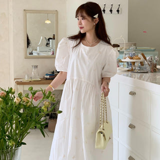 Bow Embroidered Puff Sleeve Dress