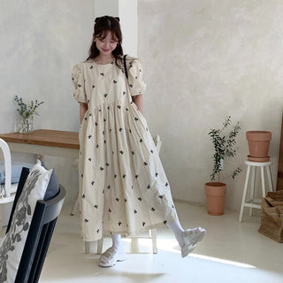 Bow Embroidered Puff Sleeve Dress