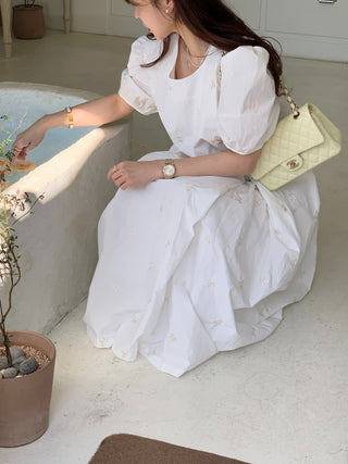Bow Embroidered Puff Sleeve Dress