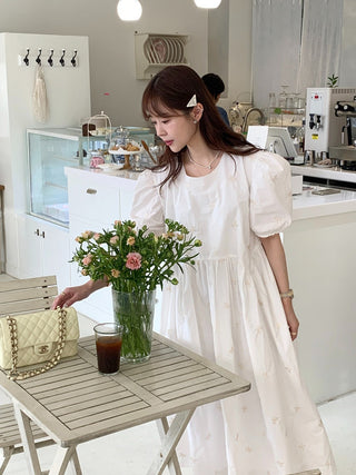 Bow Embroidered Puff Sleeve Dress
