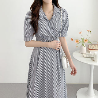 Polo Collar Striped Slim Dress