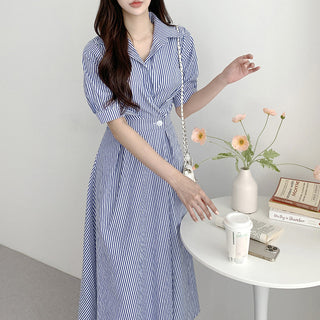 Polo Collar Striped Slim Dress