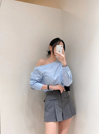 Oblique Shoulder Wide Leg Skirt
