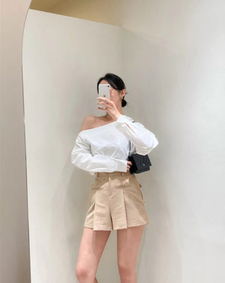 Oblique Shoulder Wide Leg Skirt