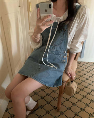 Retro Denim Suspenders Skirt