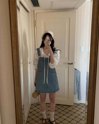Retro Denim Suspenders Skirt