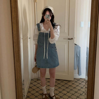 Retro Denim Suspenders Skirt