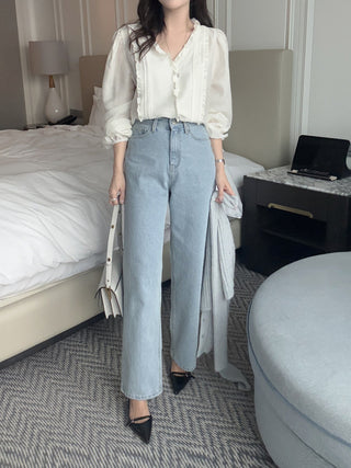 Lace Puff Sleeve V-Neck Blouse