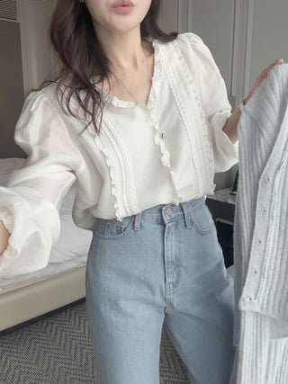 Lace Puff Sleeve V-Neck Blouse