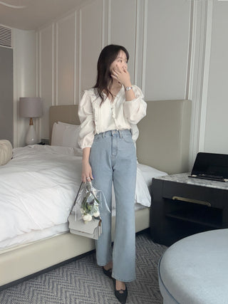 Lace Puff Sleeve V-Neck Blouse