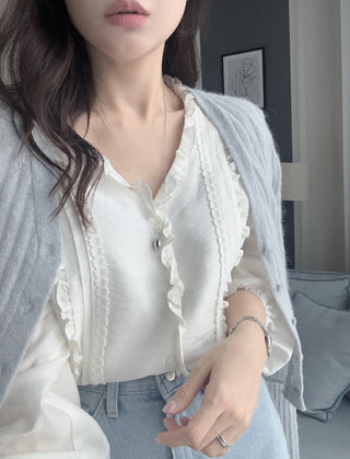Lace Puff Sleeve V-Neck Blouse