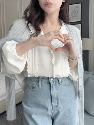 Lace Puff Sleeve V-Neck Blouse