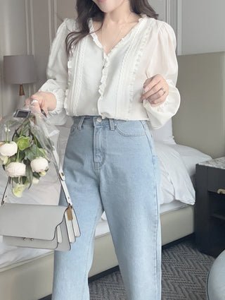 Lace Puff Sleeve V-Neck Blouse