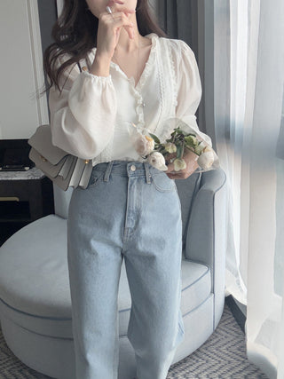 Lace Puff Sleeve V-Neck Blouse