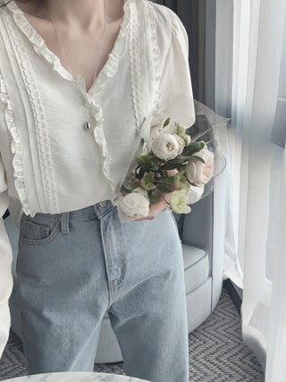 Lace Puff Sleeve V-Neck Blouse