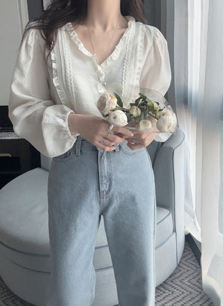 Lace Puff Sleeve V-Neck Blouse